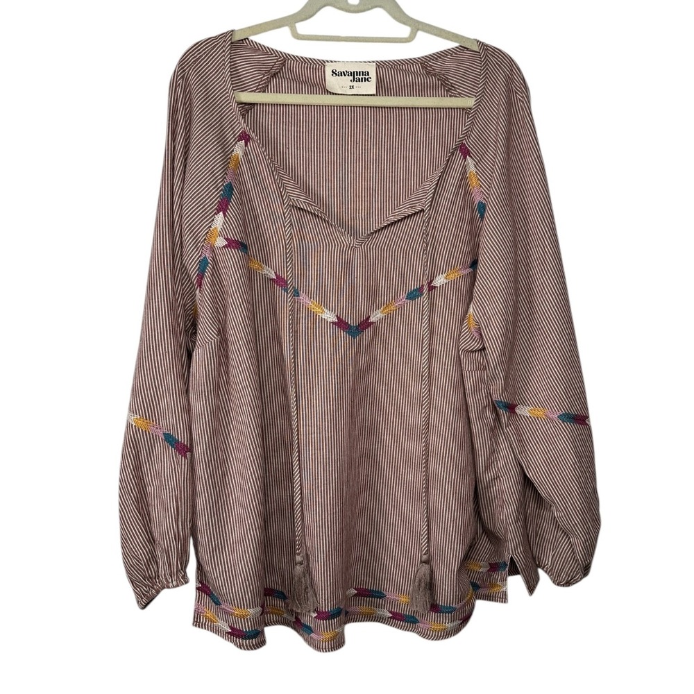 Savanna Jane Womens Embroidered Pinstripe Boho Peasant Blouse Tassel Top Size 2X
